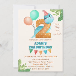 Cute dinosaur with balloons  2nd birthday invitation