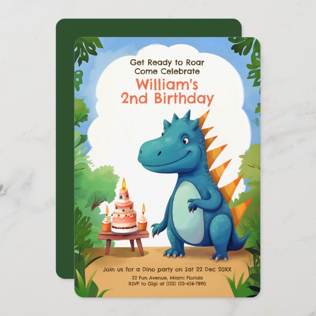 Cute Dinosaur with Cake | Dino Kids Birthday Invitation (Front/Back)