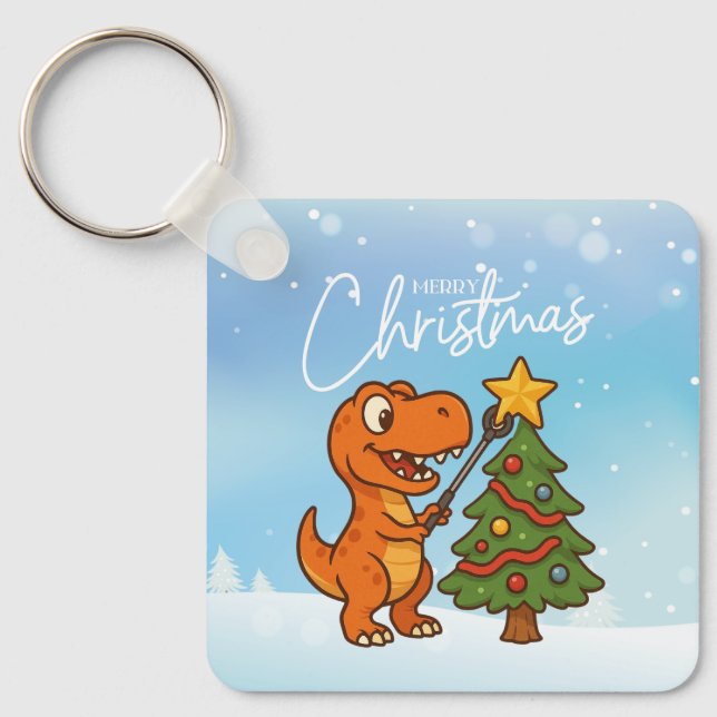 Cute dinosaur with Christmas tree Key Ring (Front)