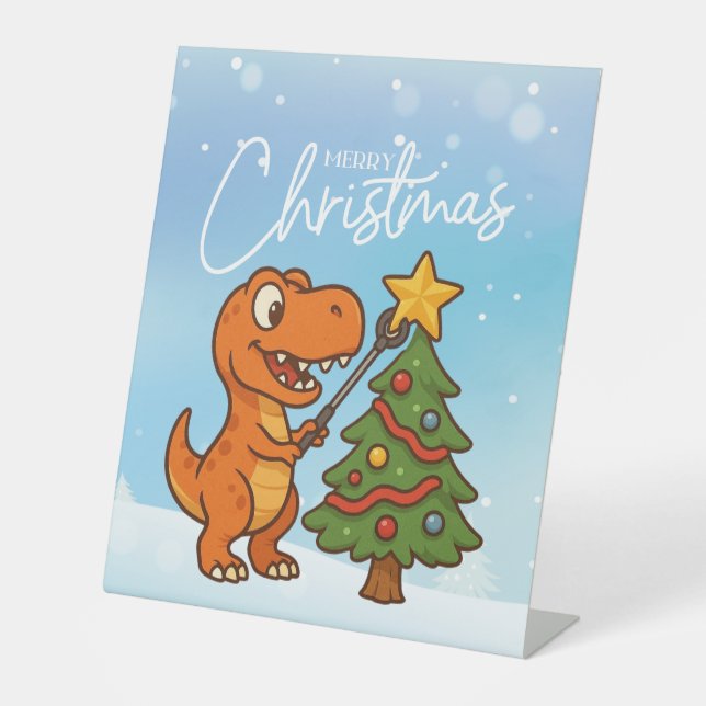 Cute dinosaur with Christmas tree Pedestal Sign (Front)