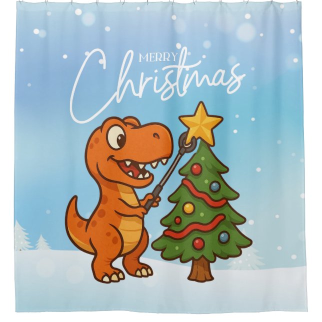 Cute dinosaur with Christmas tree Shower Curtain (Front)
