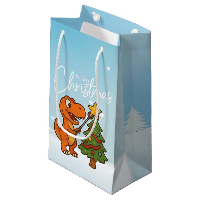 Cute dinosaur with Christmas tree Small Gift Bag (Front Angled)