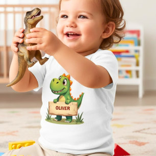 Cute Dinosaur with Name Sign Personalised Baby T-Shirt