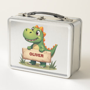 Cute Dinosaur with Name Sign Personalised Metal Lunch Box