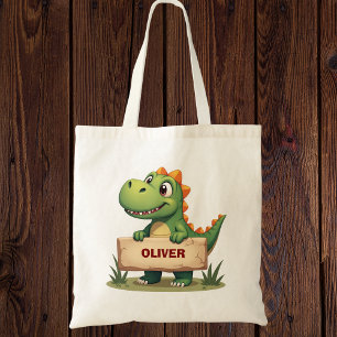 Cute Dinosaur with Name Sign Personalised Tote Bag