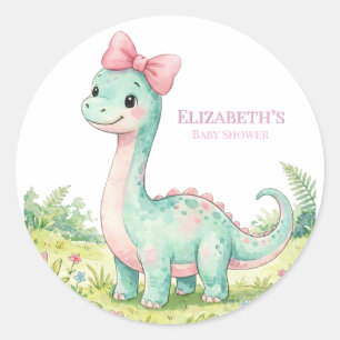 Cute Dinosaur With Pink Bow Baby Shower Classic Round Sticker