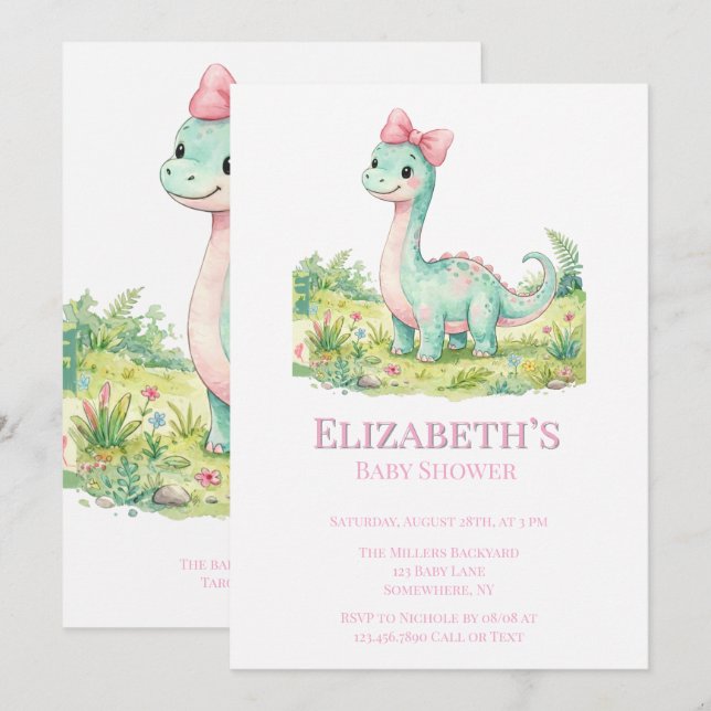 Cute Dinosaur With Pink Bow Baby Shower  Invitation (Front/Back)
