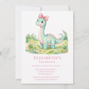Cute Dinosaur With Pink Bow Baby Shower  Invitation