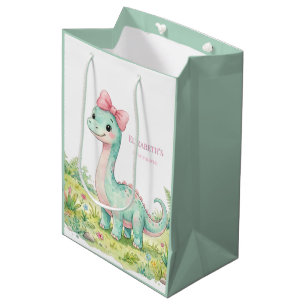 Cute Dinosaur With Pink Bow Baby Shower Medium Gift Bag