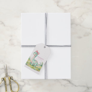 Cute Dinosaur With Pink Bow Baby Shower Thank You Gift Tags