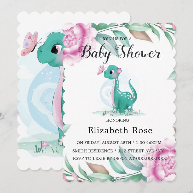 Cute Dinosaur With Pink Peony Baby Girl Shower Invitation (Front/Back)