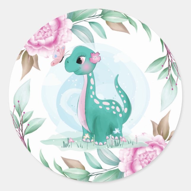 Cute Dinosaur with Pink Peony Baby Shower Classic Round Sticker (Front)