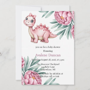 Cute Dinosaur with Pink Peony Girl Baby Shower Invitation