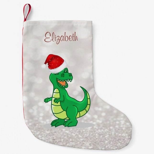 Cute Dinosaur With  Santa Hat ,Glittery Bokeh Small Christmas Stocking (Front)