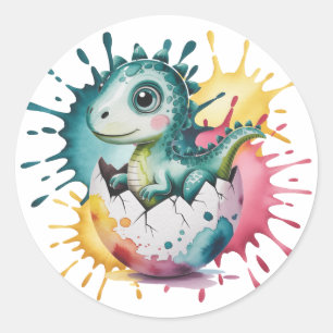 Cute Dinosaur with Watercolor Splash Baby Shower Classic Round Sticker