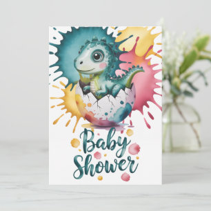 Cute Dinosaur with Watercolor Splash Baby Shower Invitation