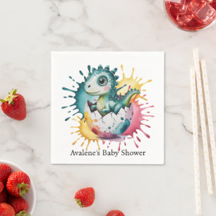 Cute Dinosaur with Watercolor Splash Baby Shower Napkin
