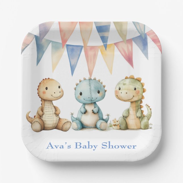 Cute Dinosaurs and Friends Boy Baby Shower Paper Plate (Front)