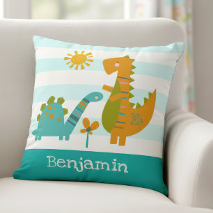 Cute Dinosaurs Baby Boy Turquoise Stripes Kawaii Cushion