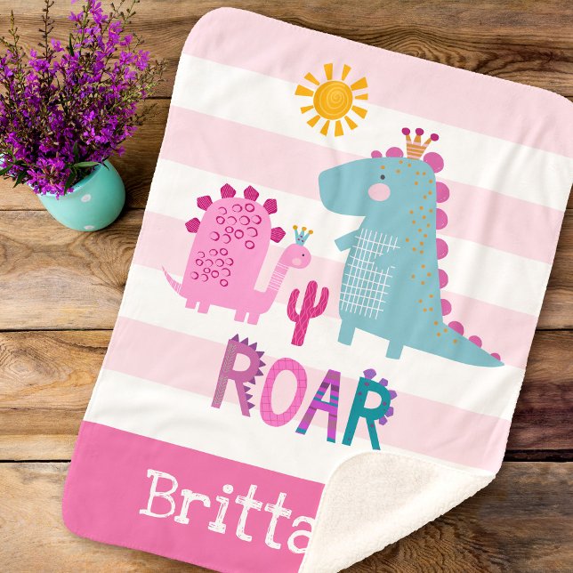 Cute Dinosaurs Baby Girl Pink Stripe Name Keepsake Sherpa Blanket (Creator Uploaded)