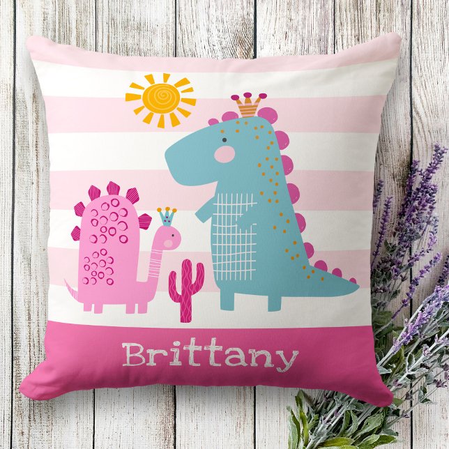 Cute Dinosaurs Baby Girl Pink Stripes Bold Kawaii Cushion (Creator Uploaded)