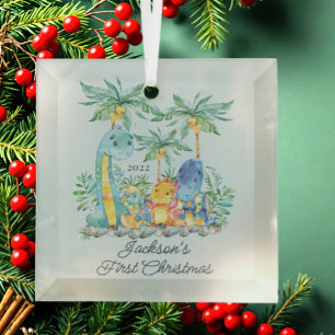 Cute Dinosaurs Baby's First Christmas Glass Tree Decoration