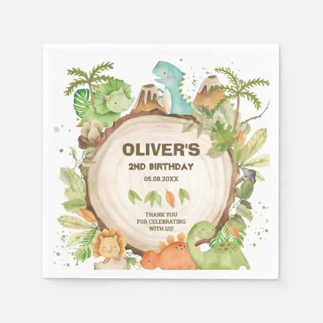 Cute Dinosaurs Boy Birthday Greenery Leaf T-Rex  Napkin (Front)