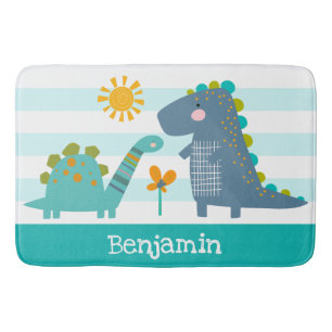 Cute Dinosaurs Boy Blue Stripes Name Fun Kawaii Bath Mat