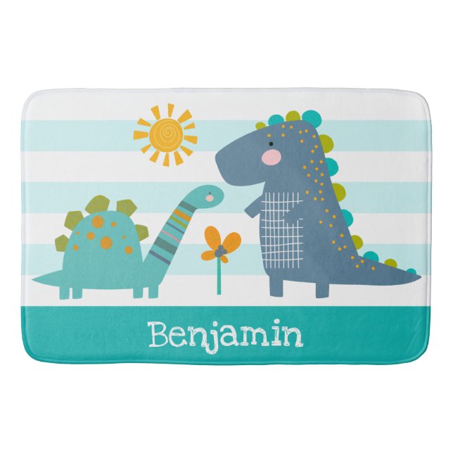 Cute Dinosaurs Boy Blue Stripes Name Fun Kawaii Bath Mat (Front)