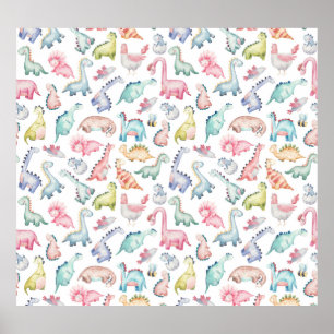 Cute dinosaurs, children's watercolor pattern. poster