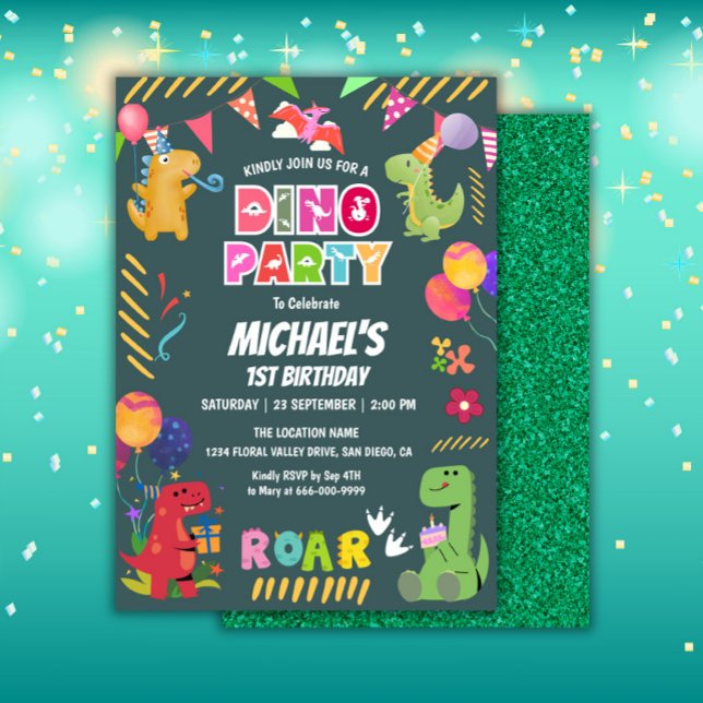 Cute Dinosaurs Dino 1st Birthday Party Invitation (Dinosaur Birthday Party Invitation)