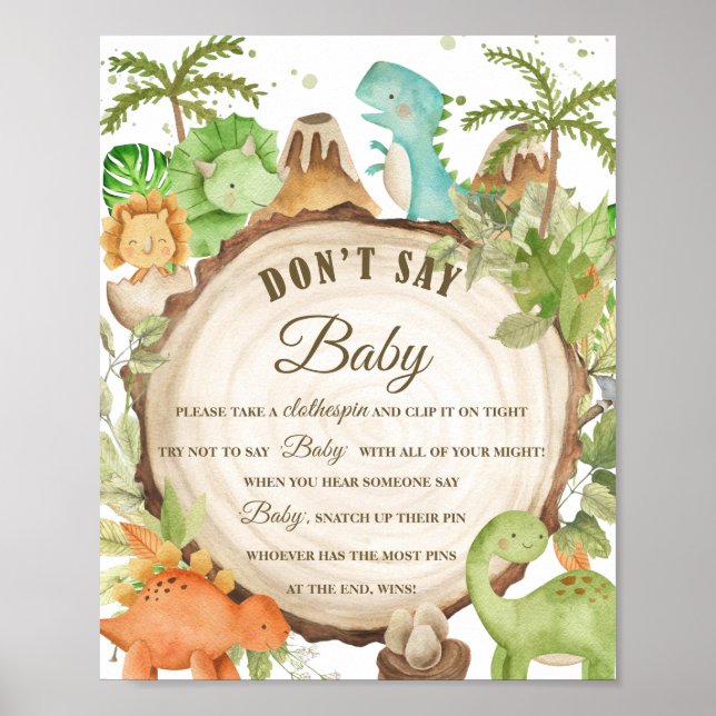 Cute Dinosaurs Don't Say Baby Clothespin Game Sign (Front)