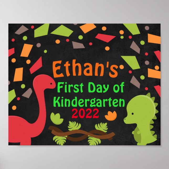 Cute Dinosaurs First Day of School Chalkboard Poster (Front)