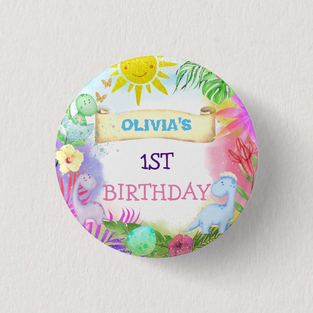 Cute Dinosaurs Floral Glitter Baby Girl Birthday  3 Cm Round Badge (Front)