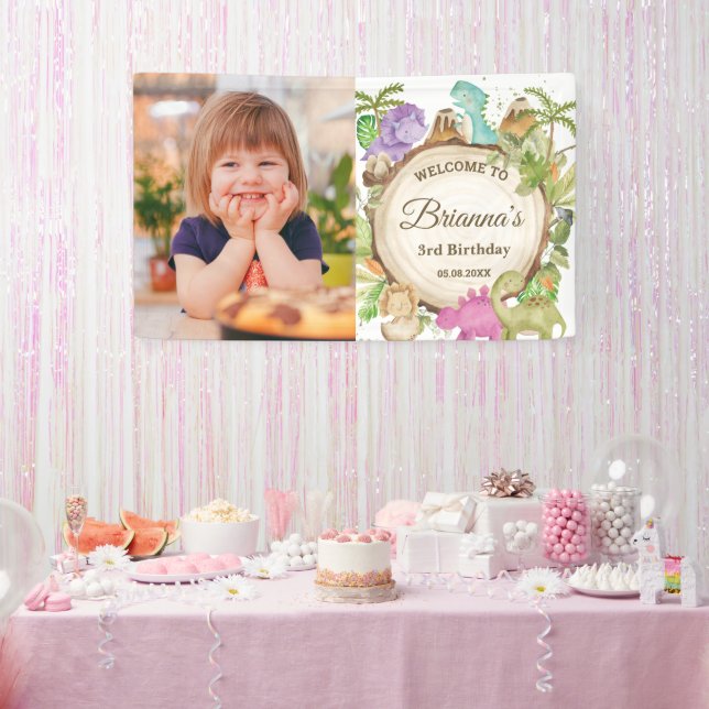 Cute Dinosaurs Girl Birthday Baby Shower Welcome Banner (Party)