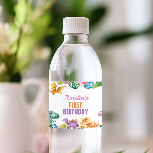 Cute Dinosaurs Girl Birthday Water Bottle Label (Creator Uploaded)