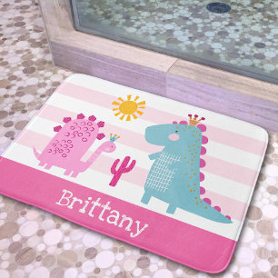 Cute Dinosaurs Girl Pink Stripes Name Fun Kawaii Bath Mat