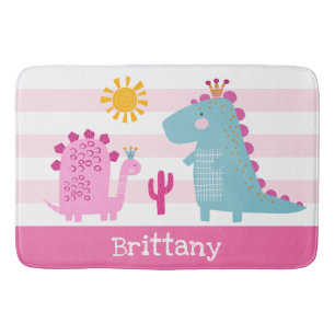 Cute Dinosaurs Girl Pink Stripes Name Fun Kawaii Bath Mat