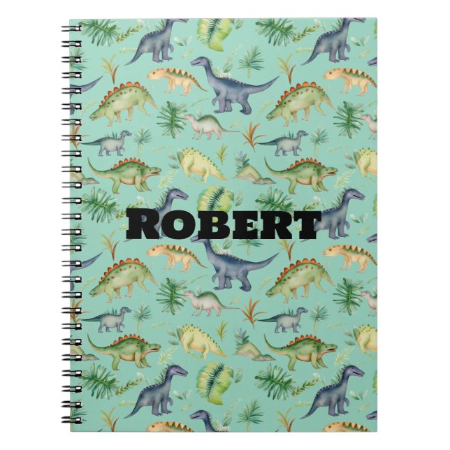 Cute Dinosaurs Green Watercolor Kids Pattern  Notebook (Front)
