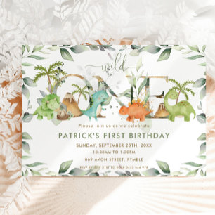 Cute Dinosaurs Greenery 1st Birthday Wild One Invitation