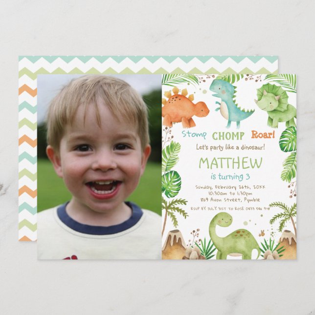 Cute Dinosaurs Greenery Boy Birthday Photo Invitation (Front/Back)