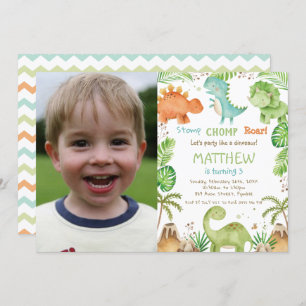 Cute Dinosaurs Greenery Boy Birthday Photo Invitation
