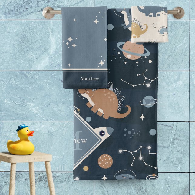 Cute Dinosaurs in Space Pattern Kids Bathroom Bath Bath Towel Set (Creator Uploaded)