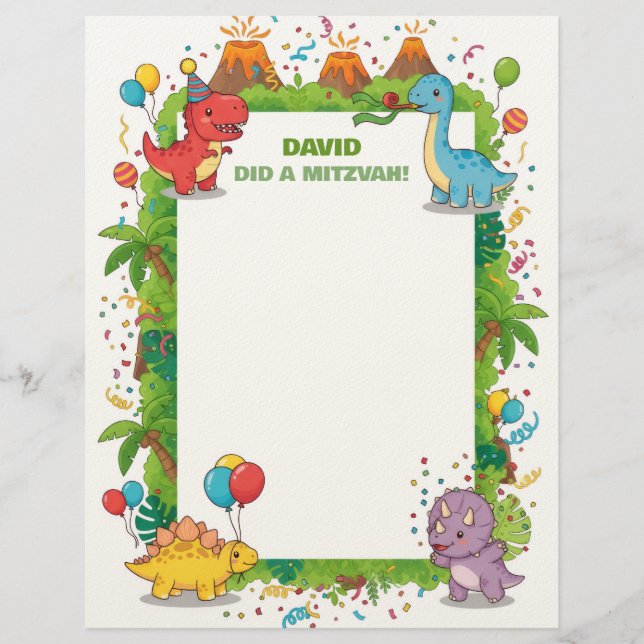 Cute Dinosaurs Kids Customised Mitzvah Notes Custom Letterhead (Front)