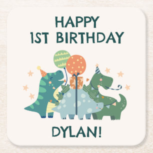 Cute Dinosaurs Kid's Happy Birthday Square Paper Coaster