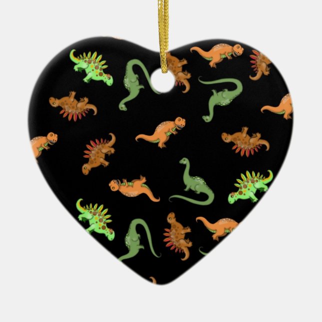 Cute Dinosaurs on Black Background Ceramic Tree Decoration (Front)