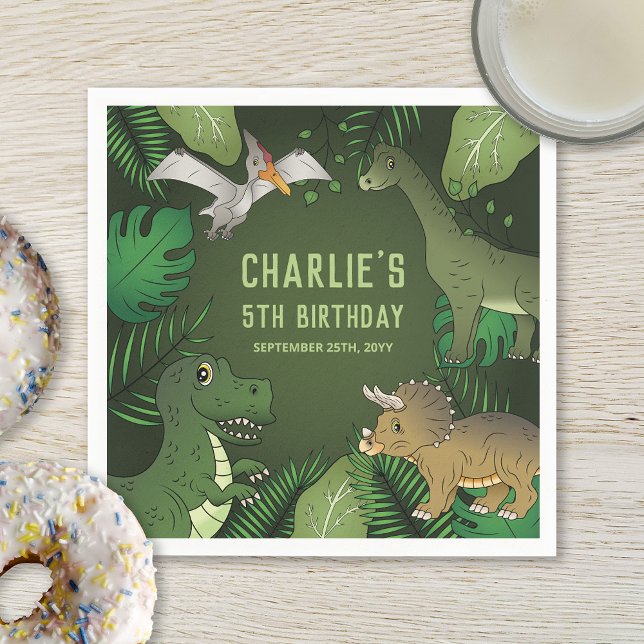 Cute Dinosaurs On Green With Leaves Birthday Party Napkin (Creator Uploaded)