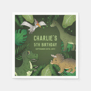 Cute Dinosaurs On Green With Leaves Birthday Party Napkin