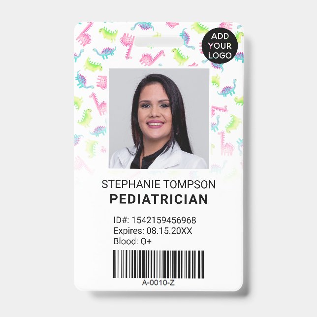 Cute dinosaurs paediatrician photo logo code ID badge (Front)