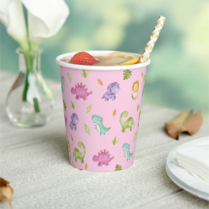 Cute Dinosaurs Party T-Rex Brontosaurus Pink Paper Cups